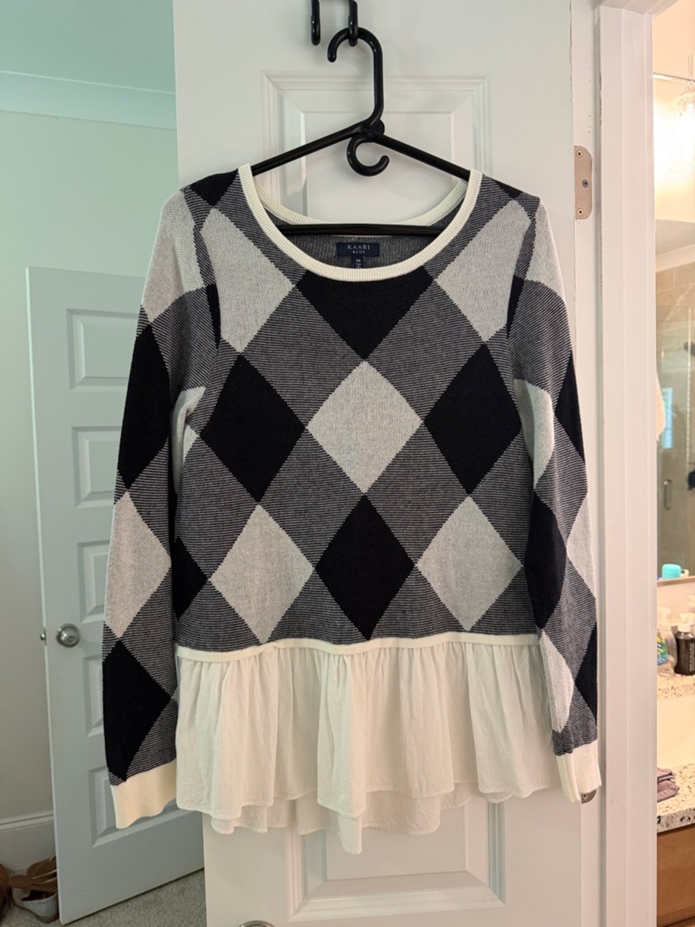 Kaari Blue Black and Gray Argyle Knit Peplum Top